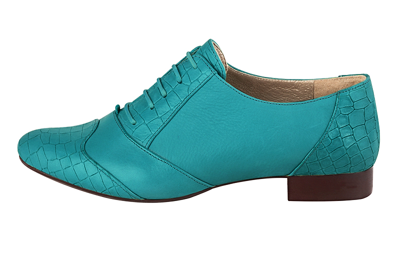 Turquoise blue women's fashion lace-up shoes. Round toe. Flat leather soles. Profile view - Florence KOOIJMAN